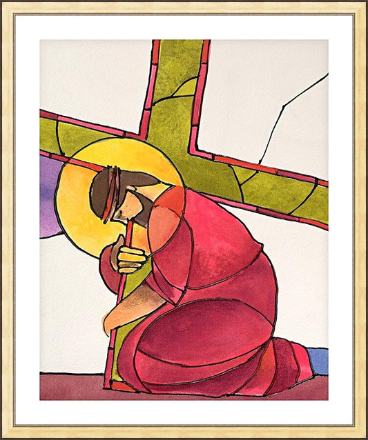 Wall Frame Gold, Matted - Stations of the Cross - 3 Jesus Falls the First Time by M. McGrath