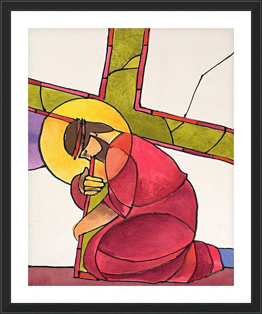 Wall Frame Black, Matted - Stations of the Cross - 3 Jesus Falls the First Time by M. McGrath