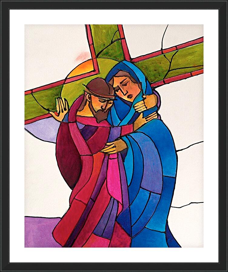 Wall Frame Black, Matted - Stations of the Cross - 4 Jesus Meets His Sorrowful Mother by Br. Mickey McGrath, OSFS - Trinity Stores