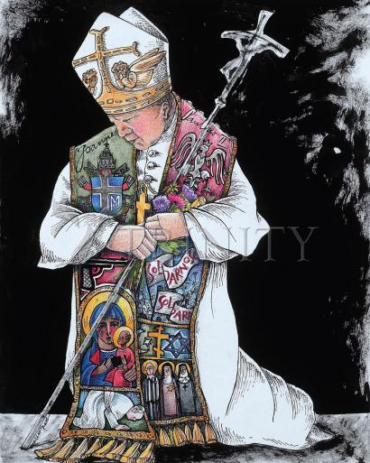 Wall Frame Black, Matted - St. John Paul II Kneeling by Br. Mickey McGrath, OSFS - Trinity Stores