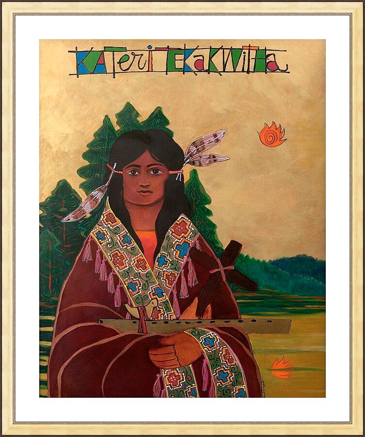 Wall Frame Gold, Matted - St. Kateri Tekakwitha by Br. Mickey McGrath, OSFS - Trinity Stores