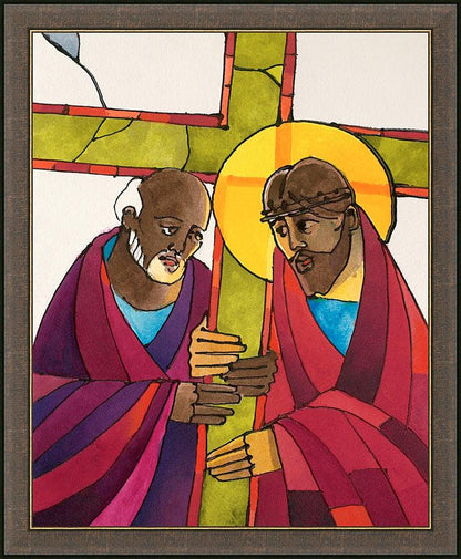 Wall Frame Espresso - Stations of the Cross - 05 Simon Helps Jesus Carry the Cross by Br. Mickey McGrath, OSFS - Trinity Stores