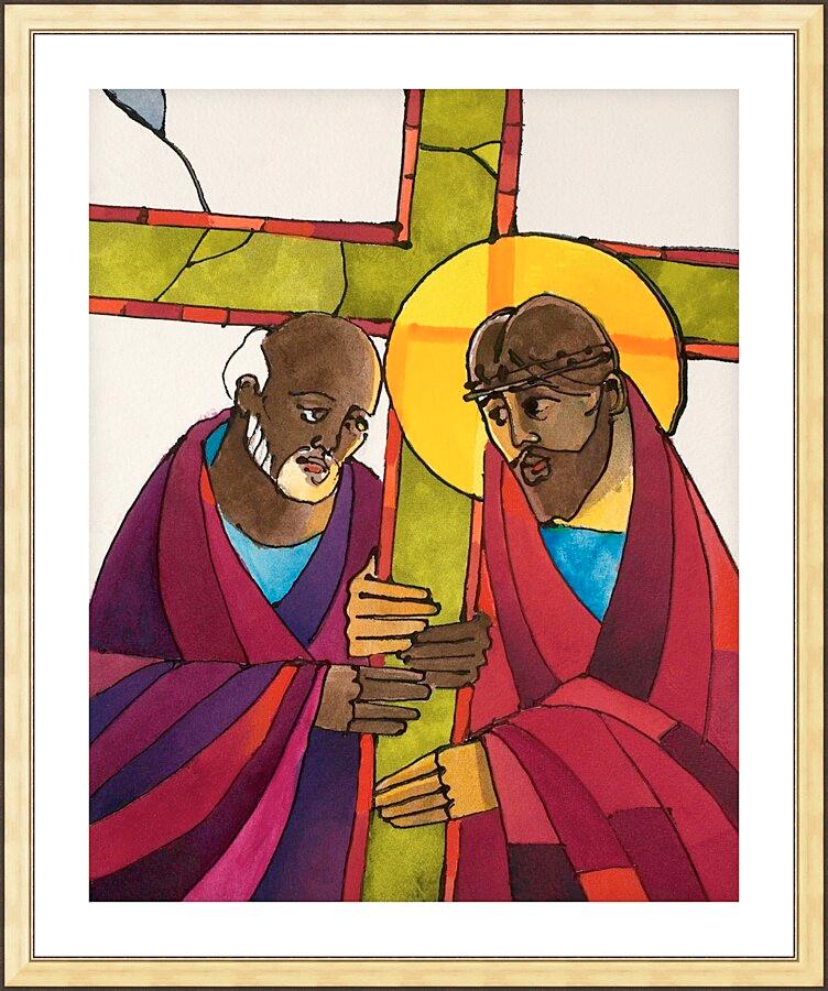 Wall Frame Gold, Matted - Stations of the Cross - 05 Simon Helps Jesus Carry the Cross by Br. Mickey McGrath, OSFS - Trinity Stores