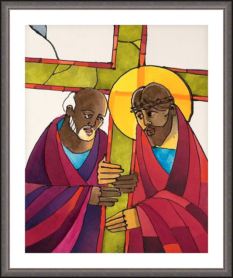 Wall Frame Espresso, Matted - Stations of the Cross - 05 Simon Helps Jesus Carry the Cross by Br. Mickey McGrath, OSFS - Trinity Stores