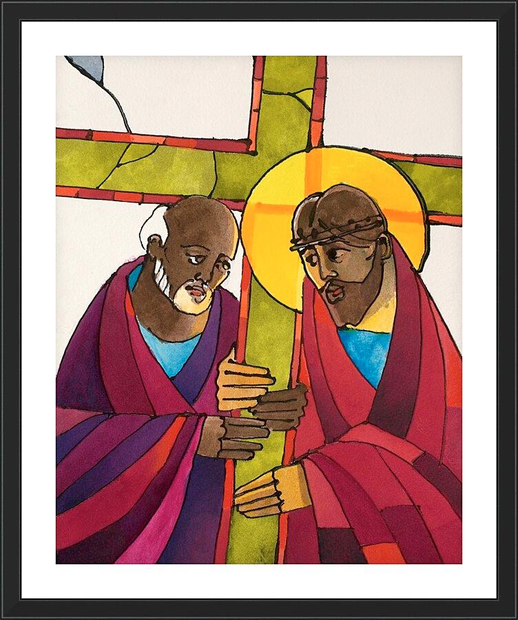 Wall Frame Black, Matted - Stations of the Cross - 05 Simon Helps Jesus Carry the Cross by Br. Mickey McGrath, OSFS - Trinity Stores