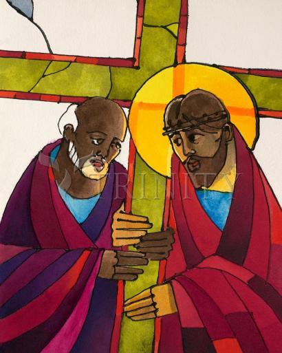 Wall Frame Espresso, Matted - Stations of the Cross - 05 Simon Helps Jesus Carry the Cross by Br. Mickey McGrath, OSFS - Trinity Stores