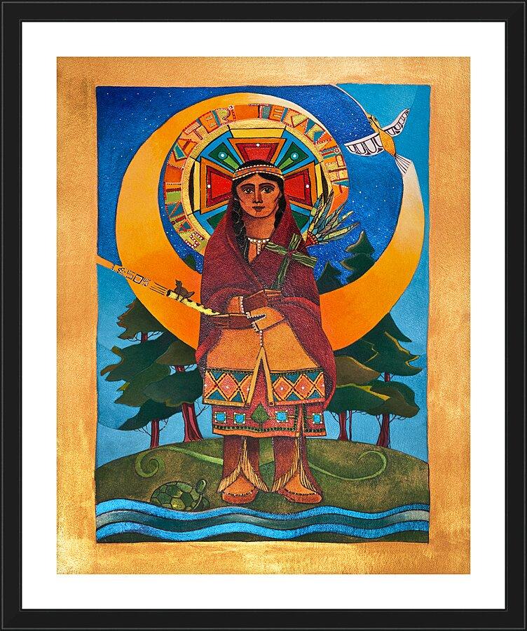 Wall Frame Black, Matted - St. Kateri Tekakwitha by Br. Mickey McGrath, OSFS - Trinity Stores