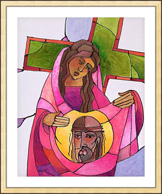 Wall Frame Gold, Matted - Stations of the Cross - 6 St. Veronica Wipes the Face of Jesus by M. McGrath