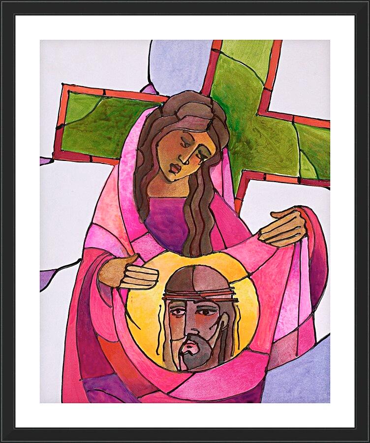 Wall Frame Black, Matted - Stations of the Cross - 6 St. Veronica Wipes the Face of Jesus by Br. Mickey McGrath, OSFS - Trinity Stores