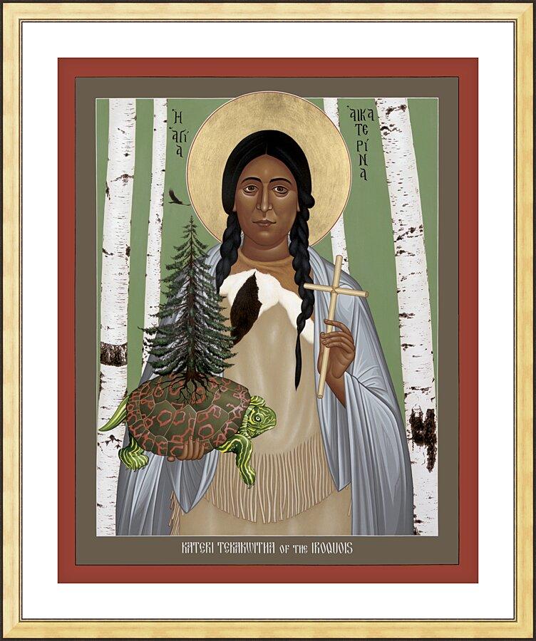 Wall Frame Gold, Matted - St. Kateri Tekakwitha of the Iroquois by Br. Robert Lentz, OFM - Trinity Stores