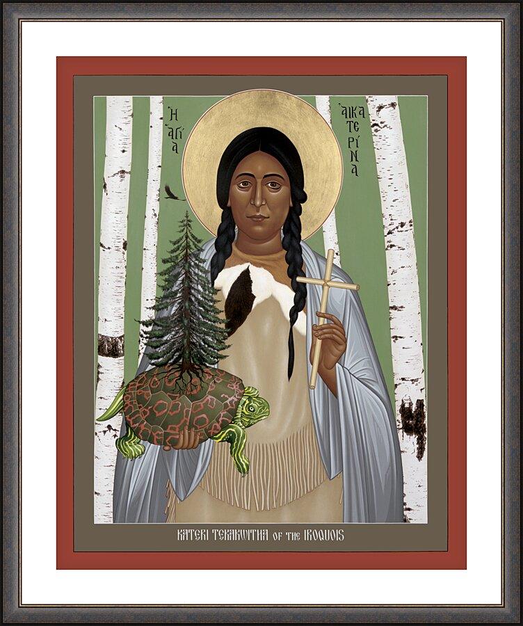Wall Frame Espresso, Matted - St. Kateri Tekakwitha of the Iroquois by Br. Robert Lentz, OFM - Trinity Stores