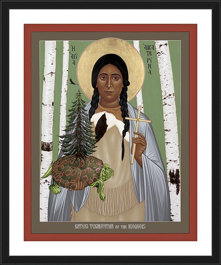 Wall Frame Black, Matted - St. Kateri Tekakwitha of the Iroquois by Br. Robert Lentz, OFM - Trinity Stores