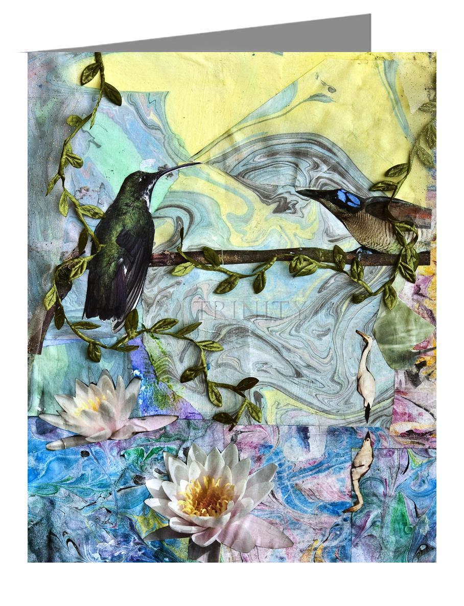 Birds Singing Above White Heron - Note Card Custom Text