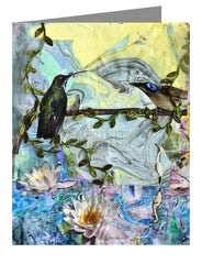 Custom Text Note Card - Birds Singing Above White Heron by B. Gilroy