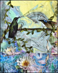 Wood Plaque - Birds Singing Above White Heron by B. Gilroy