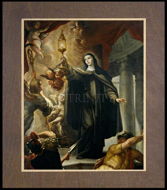St. Clare of Assisi Driving Away Infidels with Eucharist - Wood Plaque Premium
