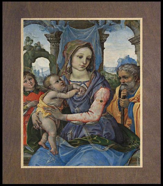 Madonna and Child with St. Joseph and Angel - Wood Plaque Premium