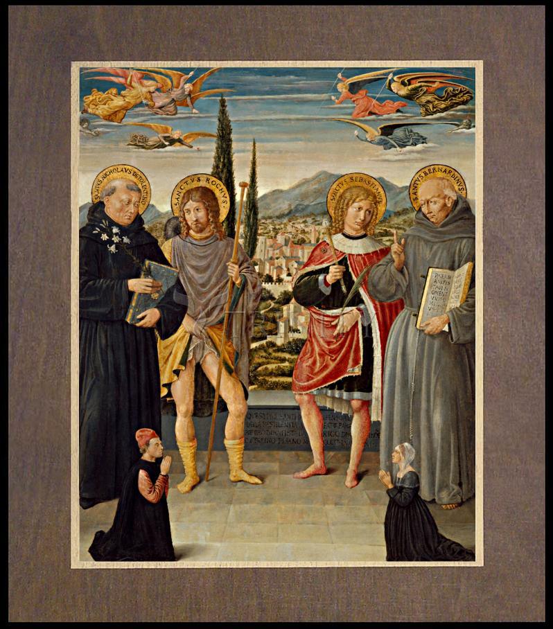 Sts. Nicholas of Tolentino, Roch, Sebastian, Bernardino of Siena, with Kneeling Donors - Wood Plaque Premium