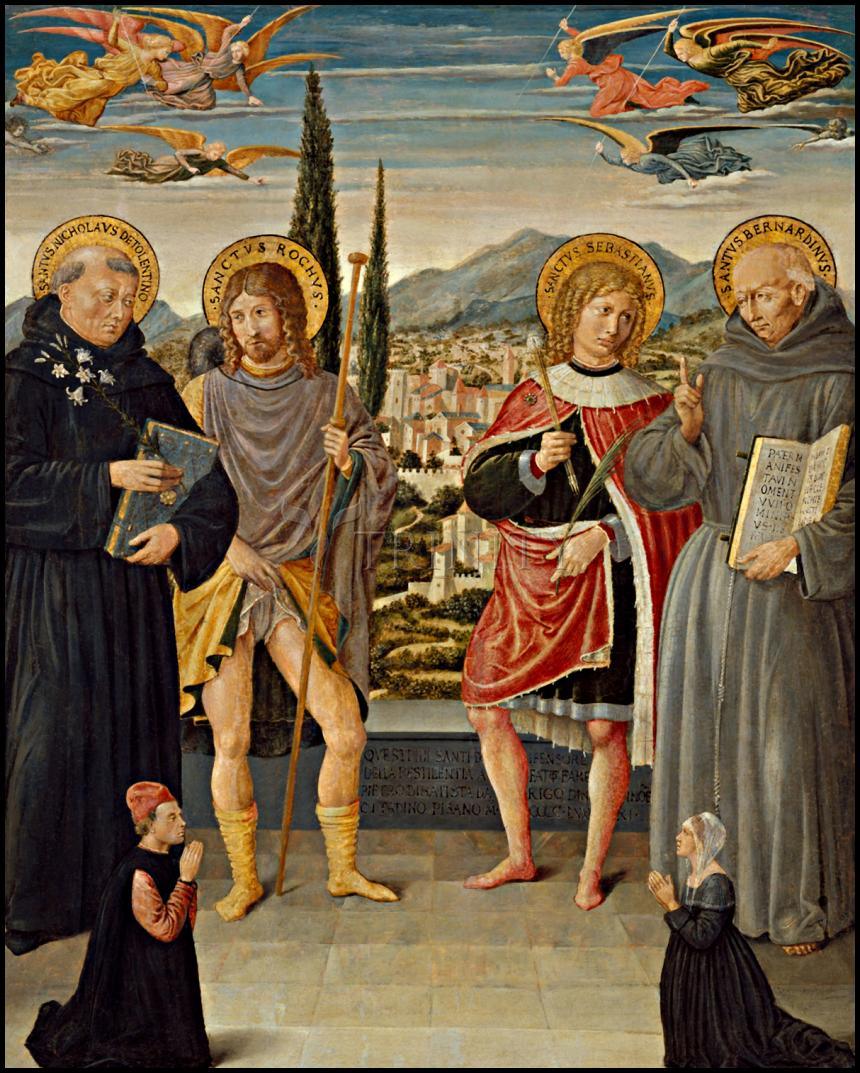 Sts. Nicholas of Tolentino, Roch, Sebastian, Bernardino of Siena, with Kneeling Donors - Wood Plaque