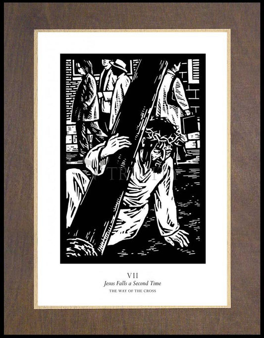 Traditional Stations of the Cross 07 - Jesus Falls a Second Time - Wood Plaque Premium