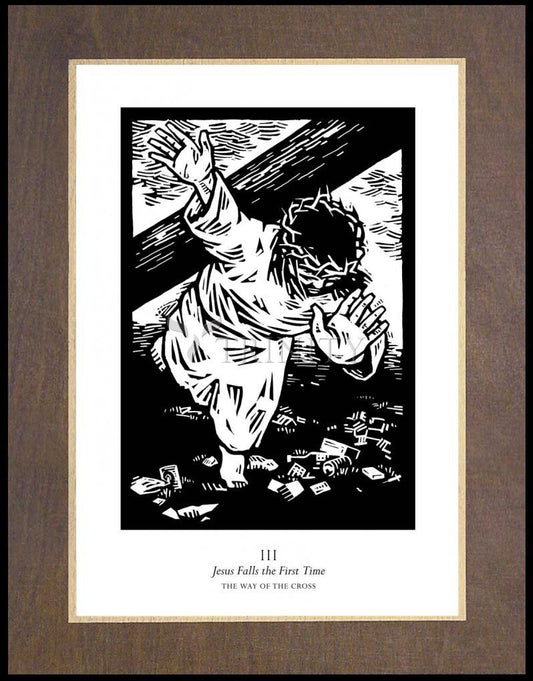 Traditional Stations of the Cross 03 - Jesus Falls the First Time - Wood Plaque Premium