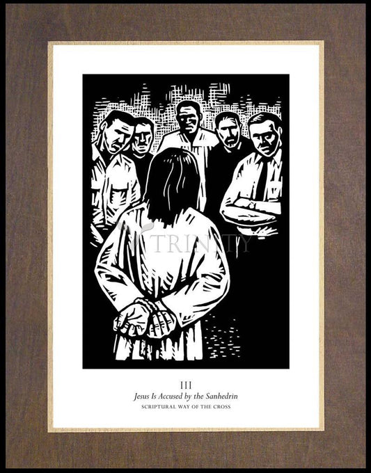 Scriptural Stations of the Cross 03 - Jesus is Accused by the Sanhedrin - Wood Plaque Premium