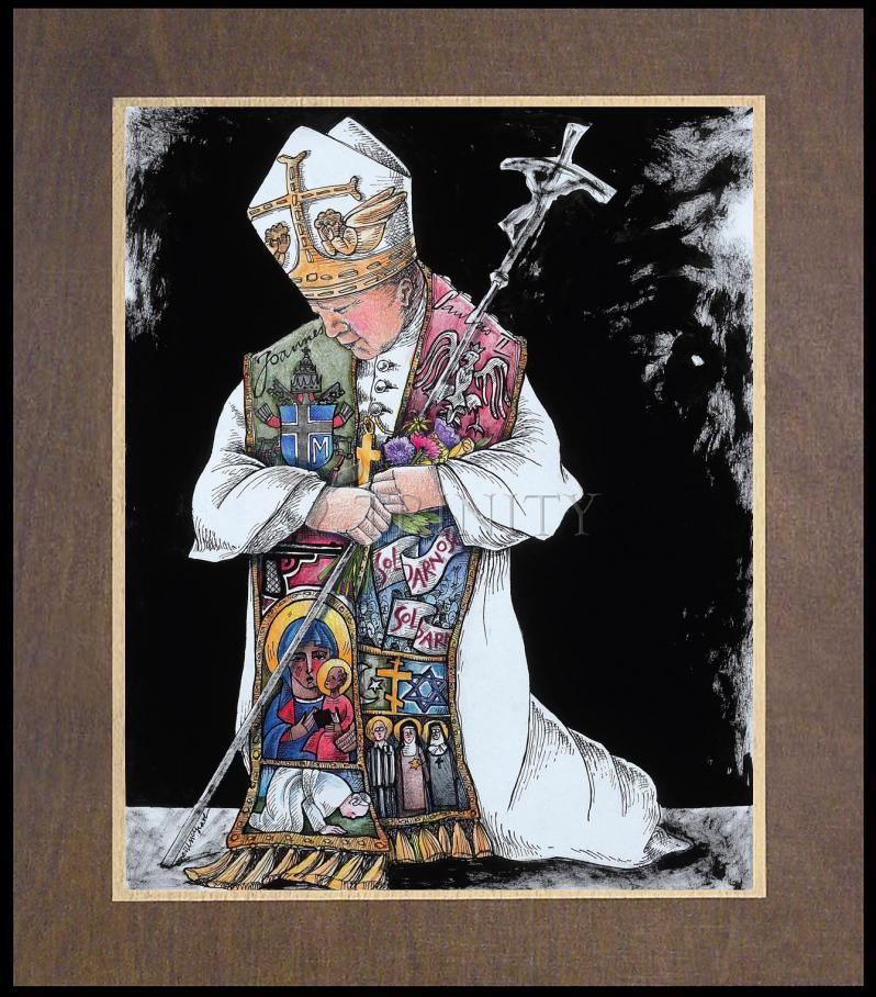 St. John Paul II Kneeling - Wood Plaque Premium
