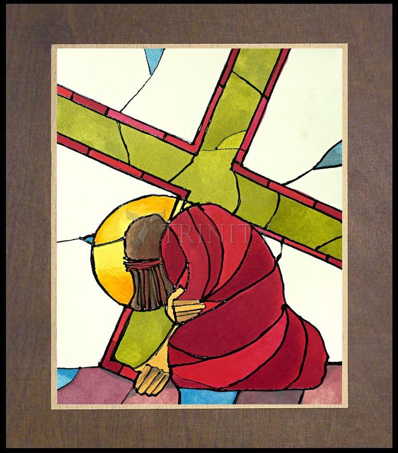 Stations of the Cross - 7 Jesus Falls a Second Time - Wood Plaque Premium