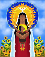 Wood Plaque - Lakota Madonna with Sunflowers by M. McGrath