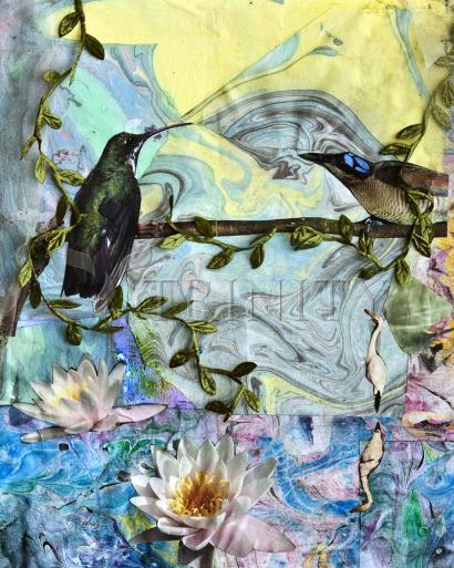 Birds Singing Above White Heron - Giclee Print